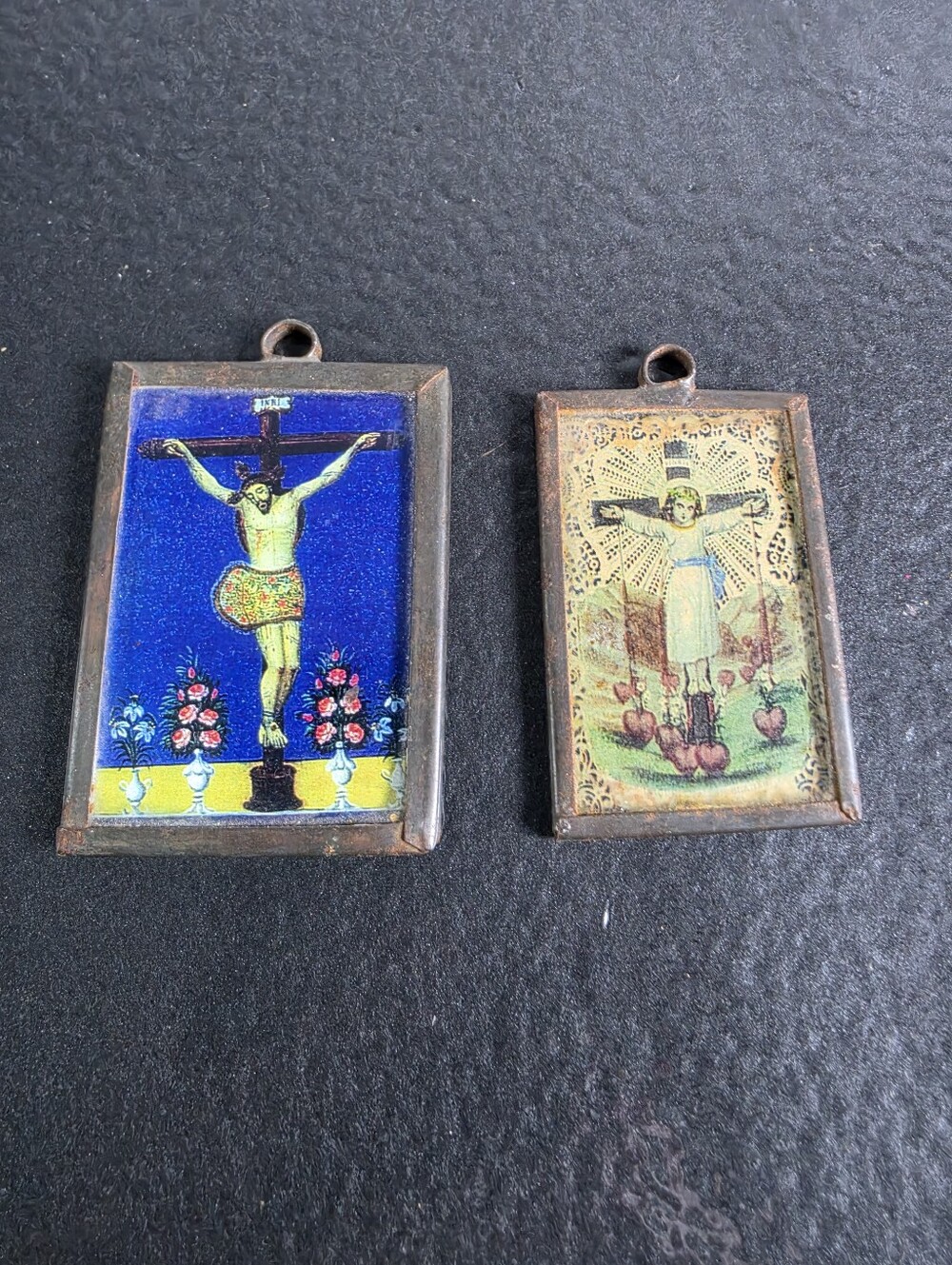 Vintage Religious Crucifixion Pendants - Blue and Cream Art Images